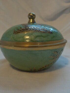 Vintage Brass Enamel Covered Dish Palm Trees Green India VGUC